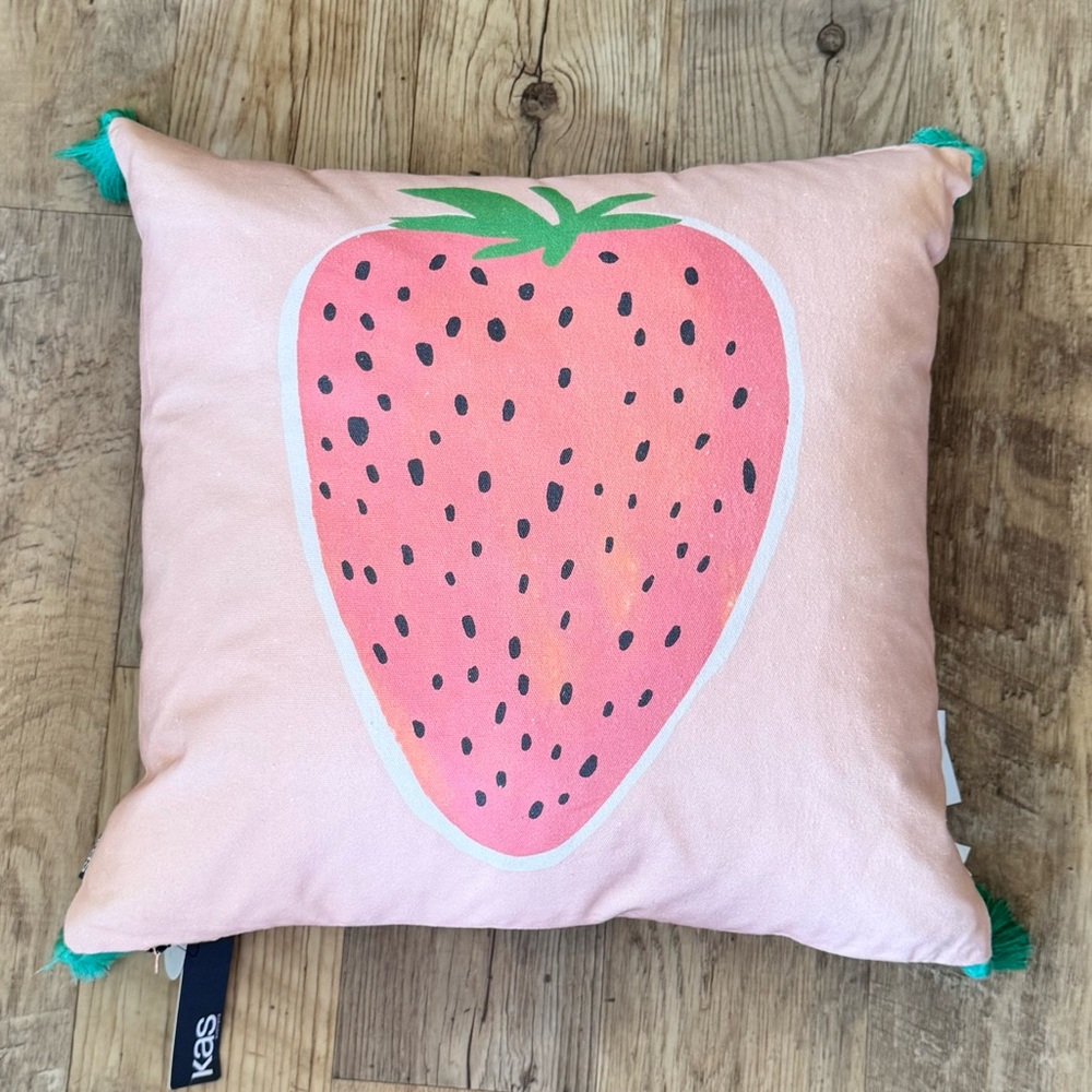 NWT Las Australia Home Collection Watercolor Strawberry Pillow w/ Green Tassels